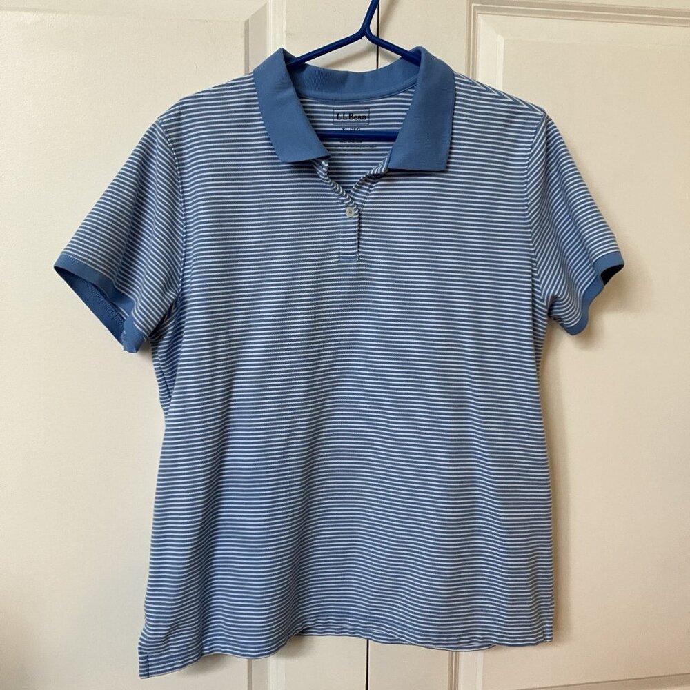 L.L. Bean Polo Womens XL Blue Stripe Golf Preppy Academia Coastal